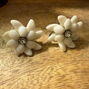 Vintage Western Germany milk glass & rhinestone screw-back earrings.Flowers
